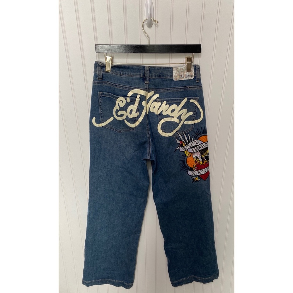 ED HARDY Vintage Y2K Brave Hearts Wide Leg Embroidered Jeans Womens Size 28 x 33
